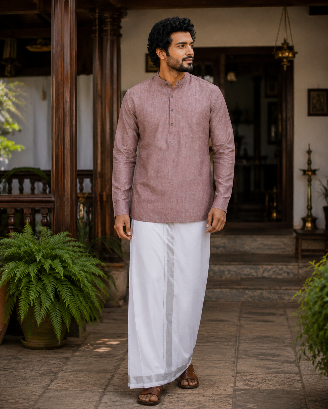 Mellizhai Kurta Combo - Dusar Color with Silver Zari Border — Cotton in Rust Maroon — view 3