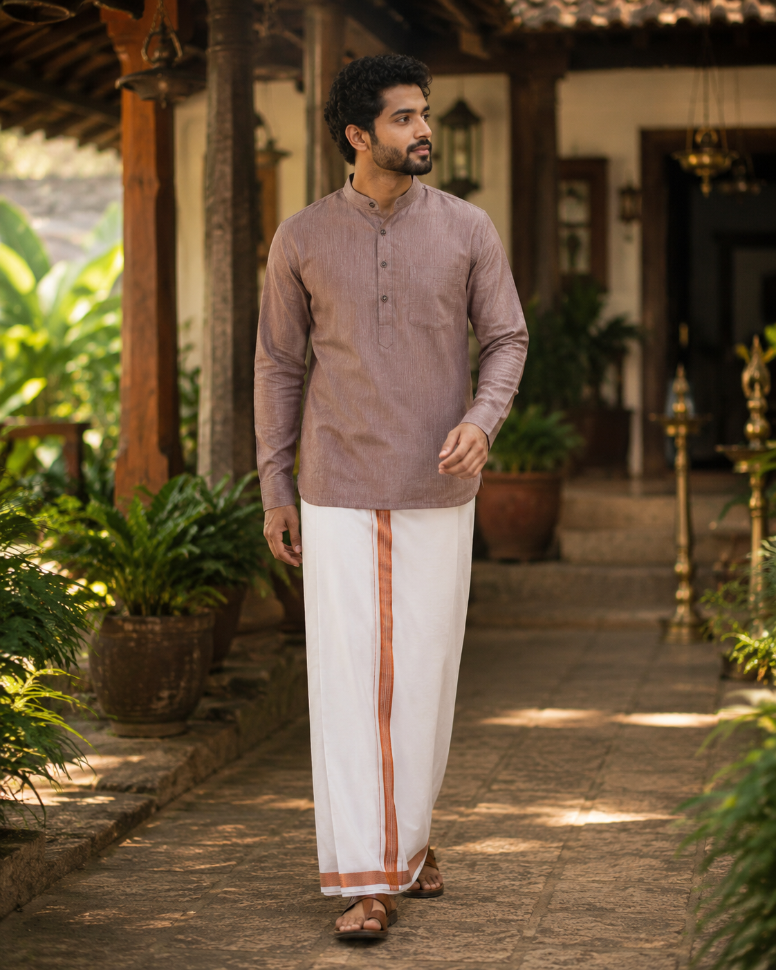 Mellizhai Kurta Combo - 100% Cotton Rust Maroon Color with Copper Zari Border — Cotton