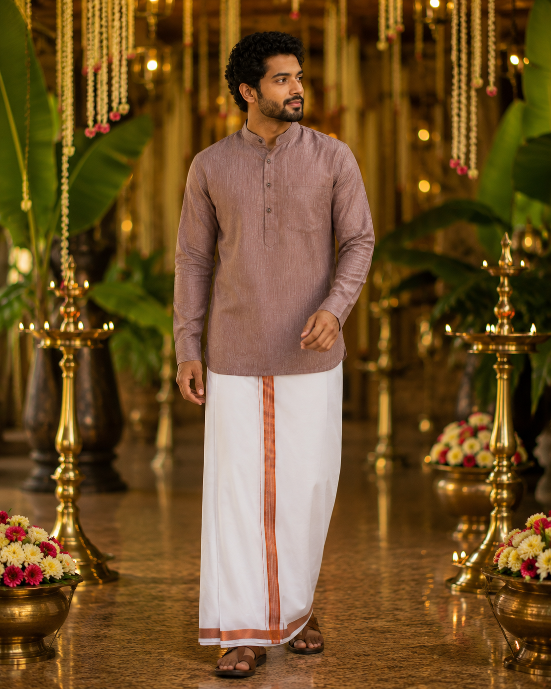 Mellizhai Kurta Combo - 100% Cotton Rust Maroon Color with Copper Zari Border — Cotton in Rust Maroon — view 2
