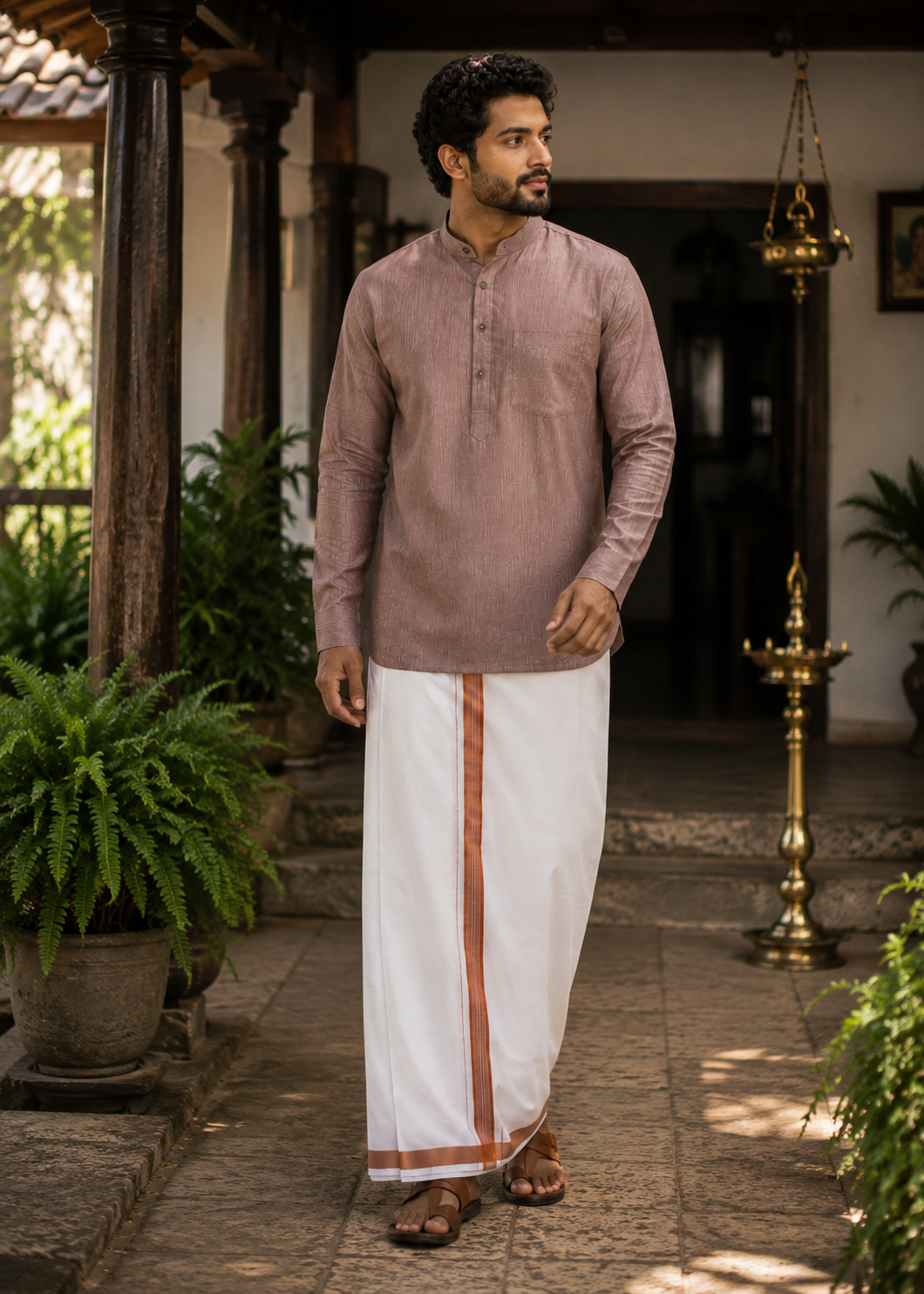 Mellizhai Kurta Combo - 100% Cotton Rust Maroon Color with Copper Zari Border — Cotton in Rust Maroon — view 3