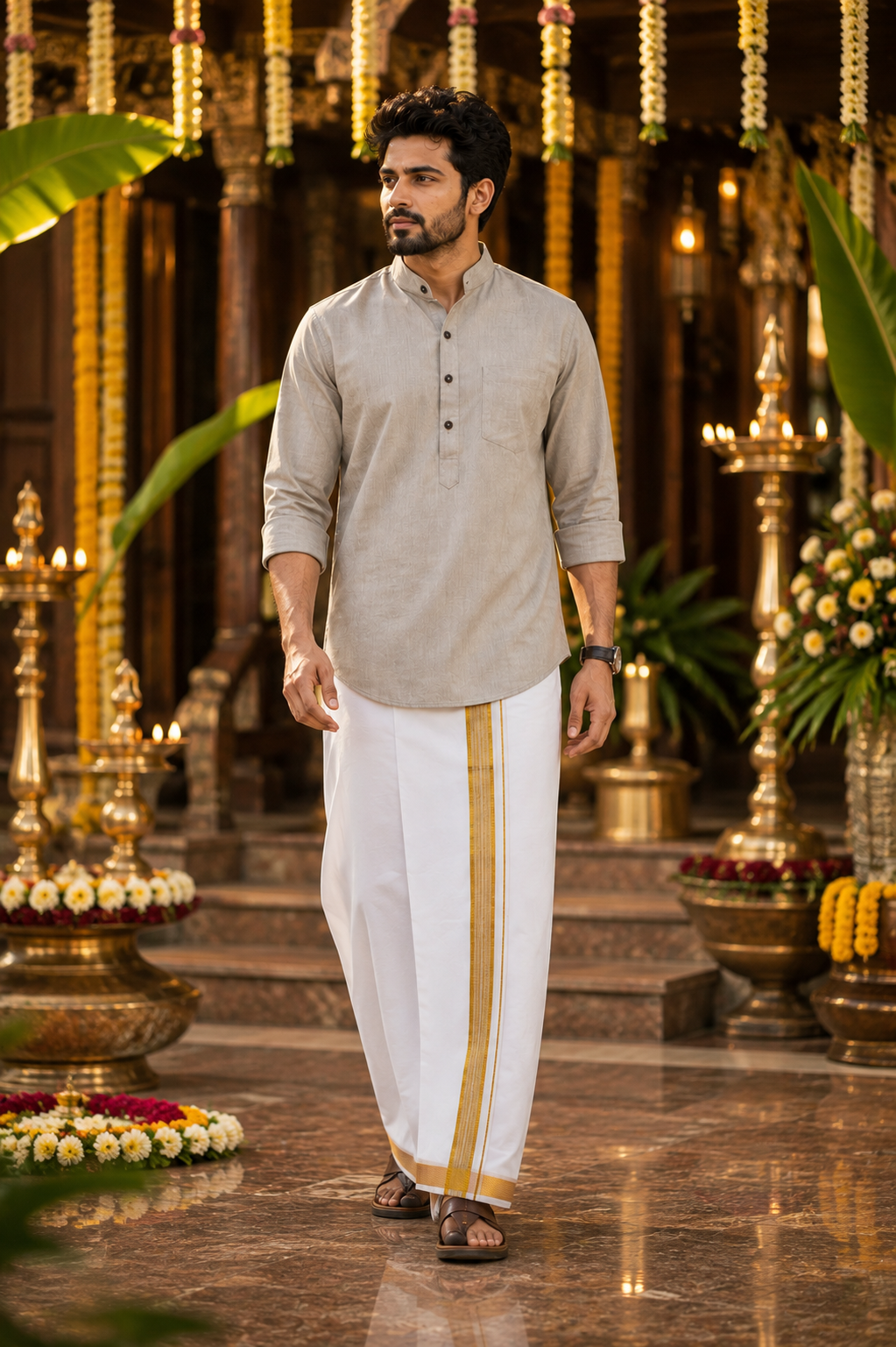 Mellizhai Kurta Combo – Grey with Gold Zari Border — Cotton