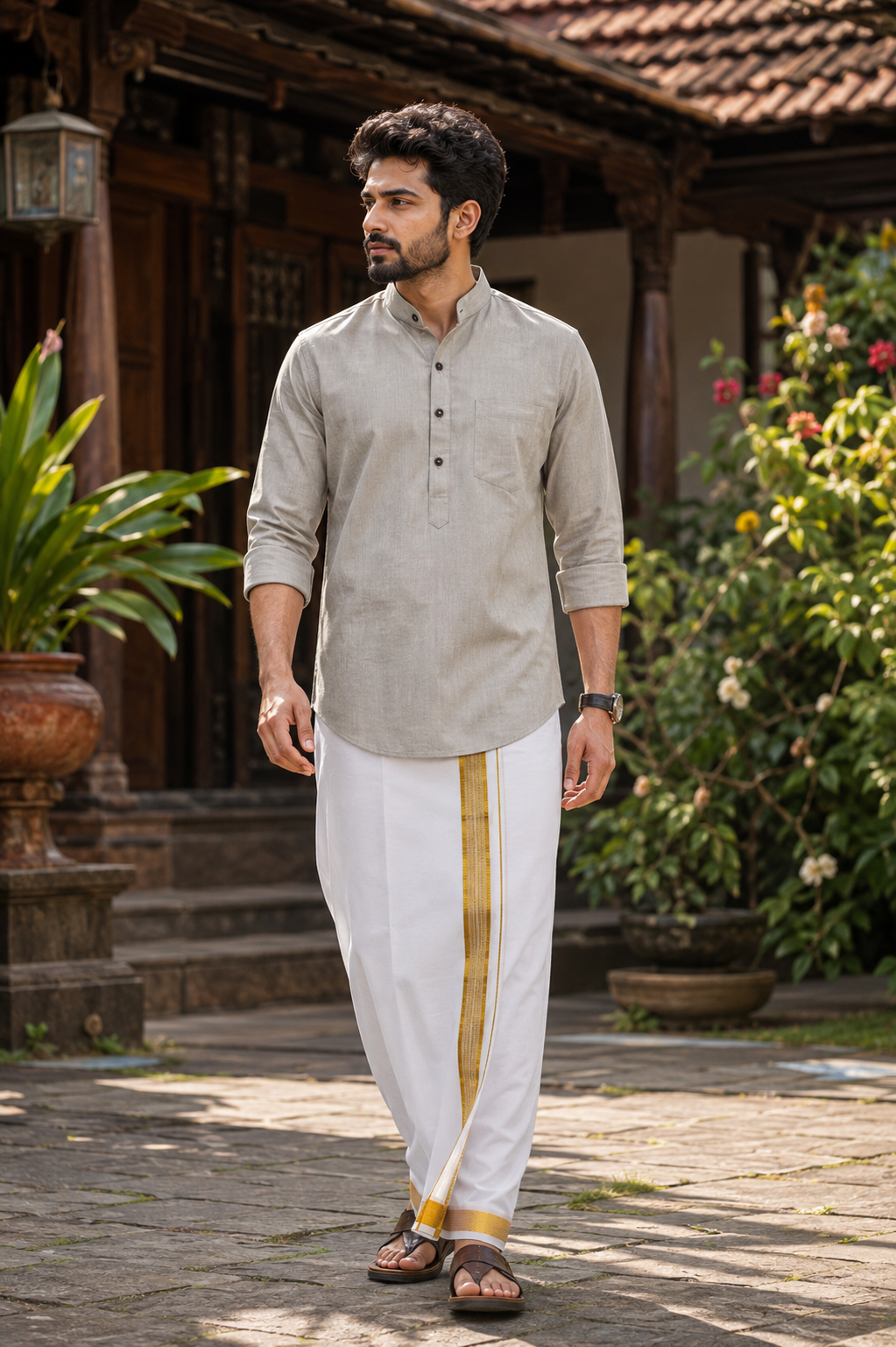 Mellizhai Kurta Combo – Grey with Gold Zari Border — Cotton in Grey — view 2