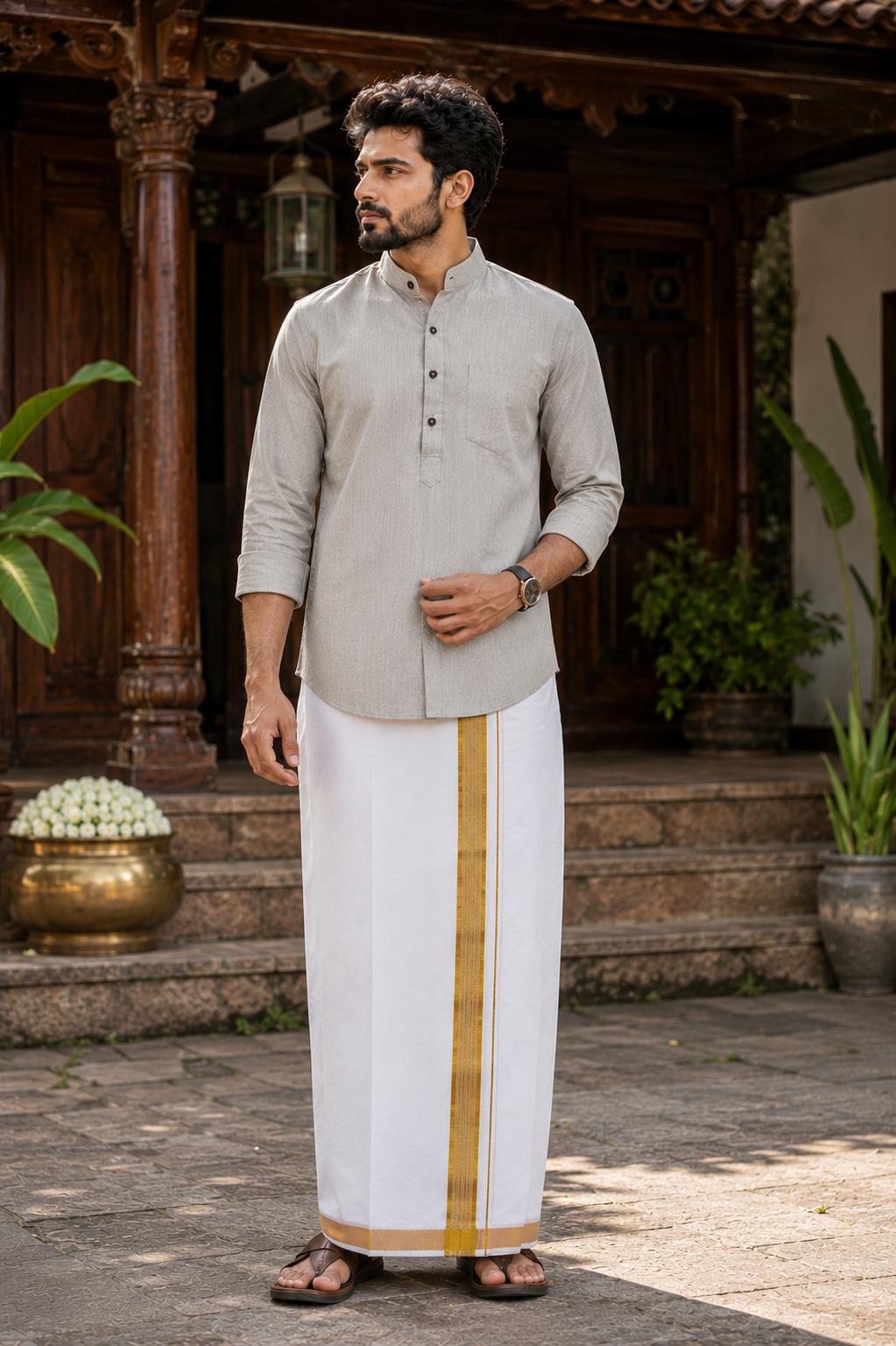 Mellizhai Kurta Combo – Grey with Gold Zari Border — Cotton in Grey — view 3