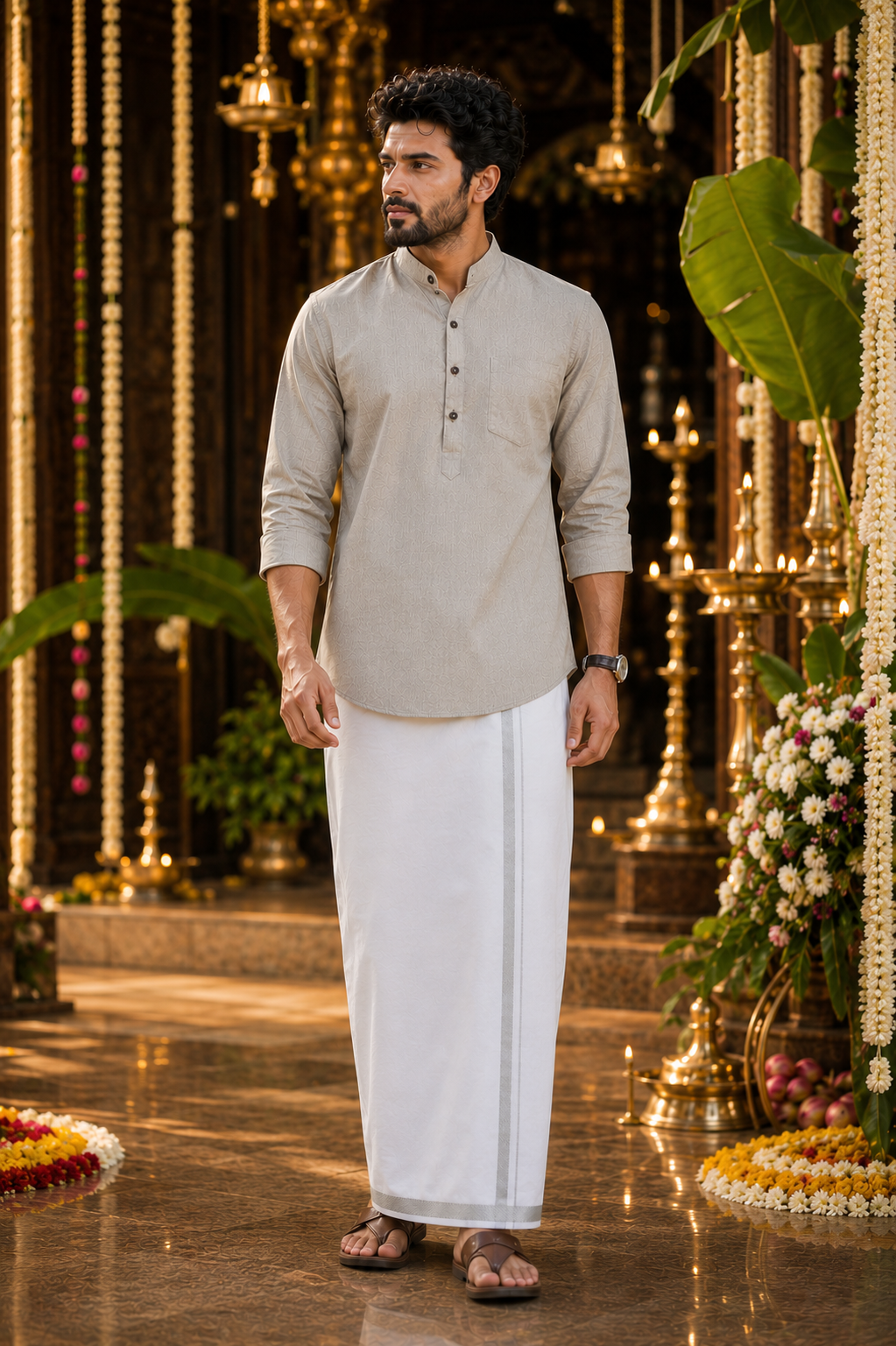 Mellizhai Kurta Combo - Grey Color with Silver Zari Border — Cotton