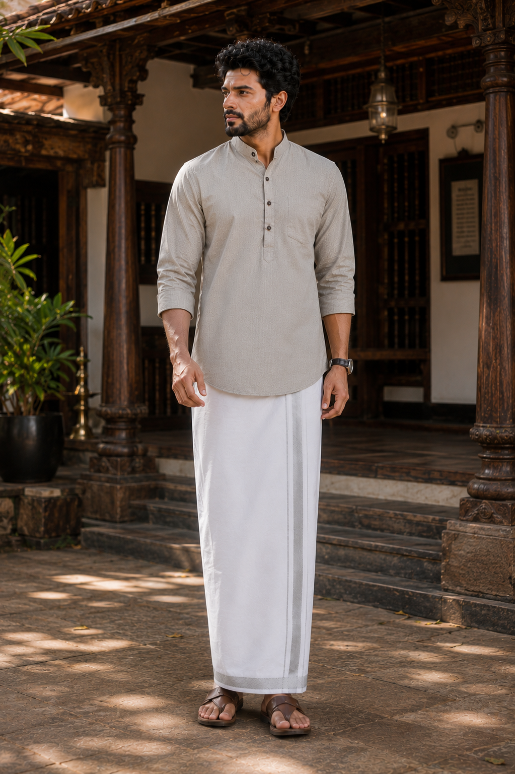 Mellizhai Kurta Combo - Grey Color with Silver Zari Border — Cotton in Grey — view 2