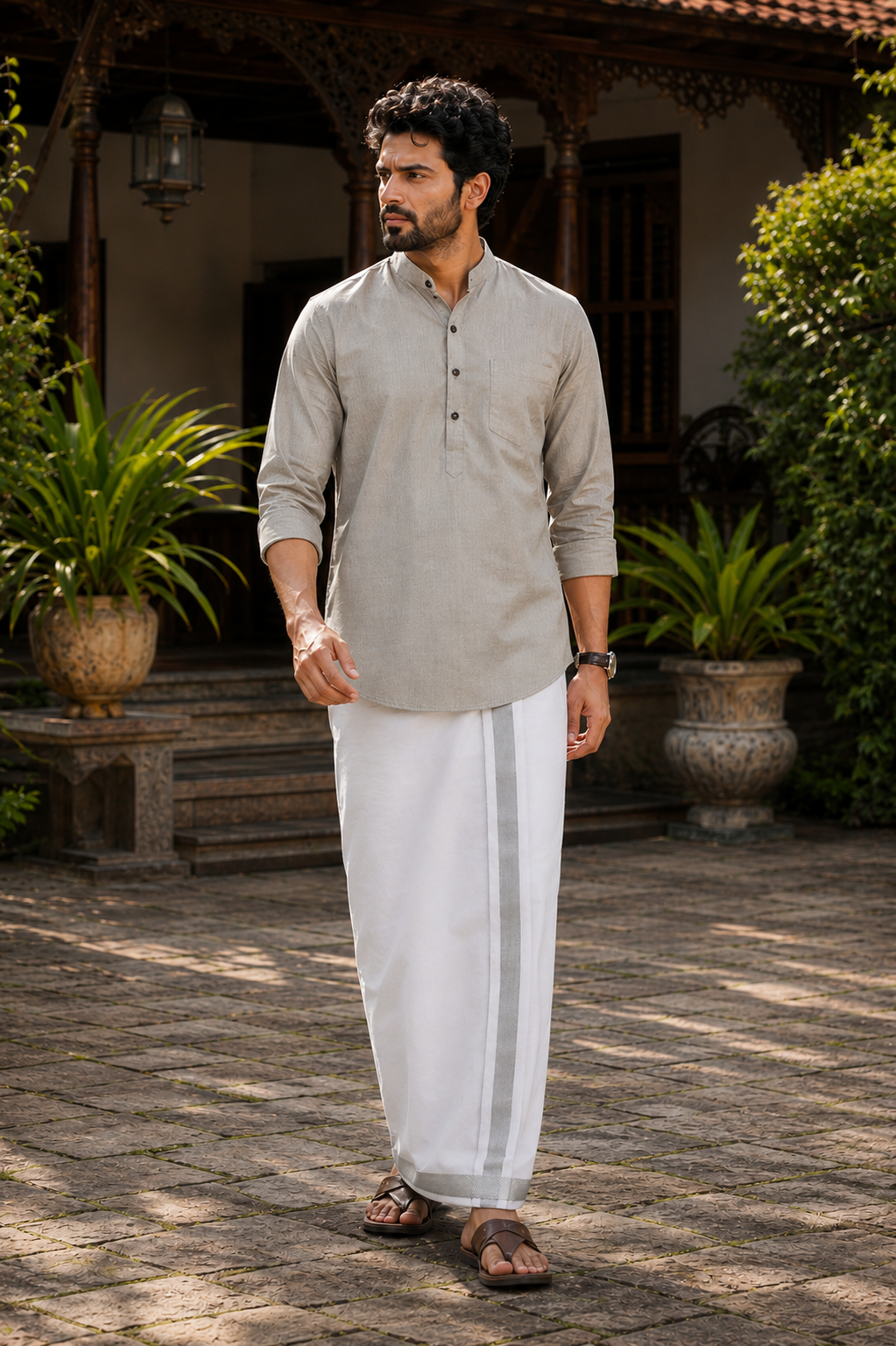Mellizhai Kurta Combo - Grey Color with Silver Zari Border — Cotton in Grey — view 3