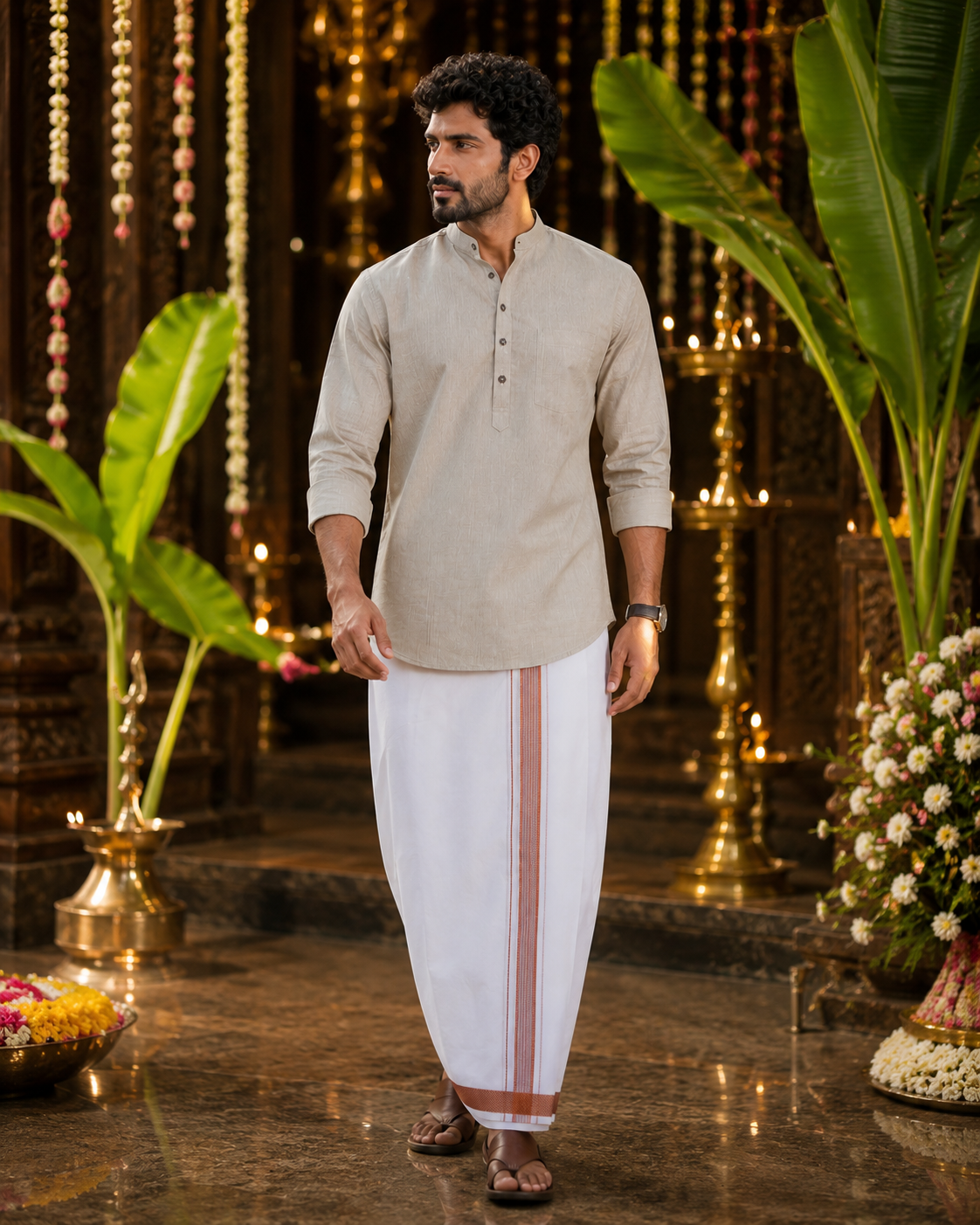 Mellizhai Kurta Combo - Grey Color with Copper Zari Border — Cotton in Grey — view 2