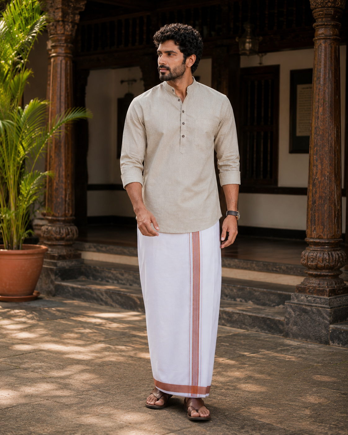 Mellizhai Kurta Combo - Grey Color with Copper Zari Border — Cotton in Grey — view 3