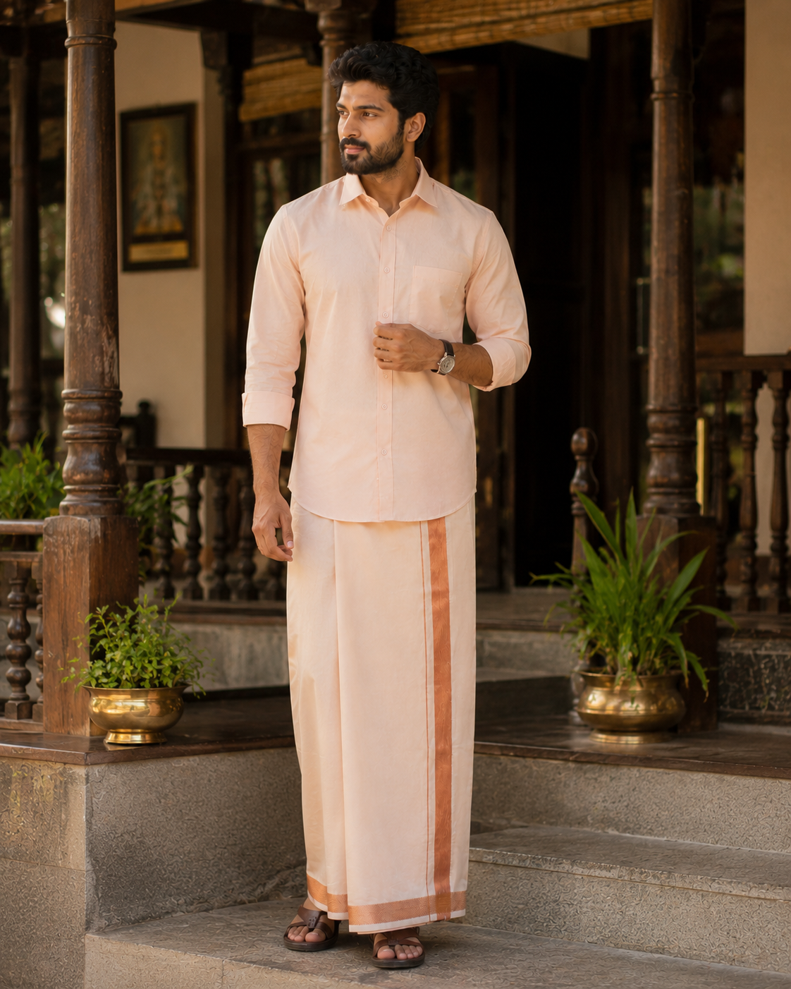 Art Silk Combo - Coral Color with Copper Zari Border — Art Silk in Coral — view 2