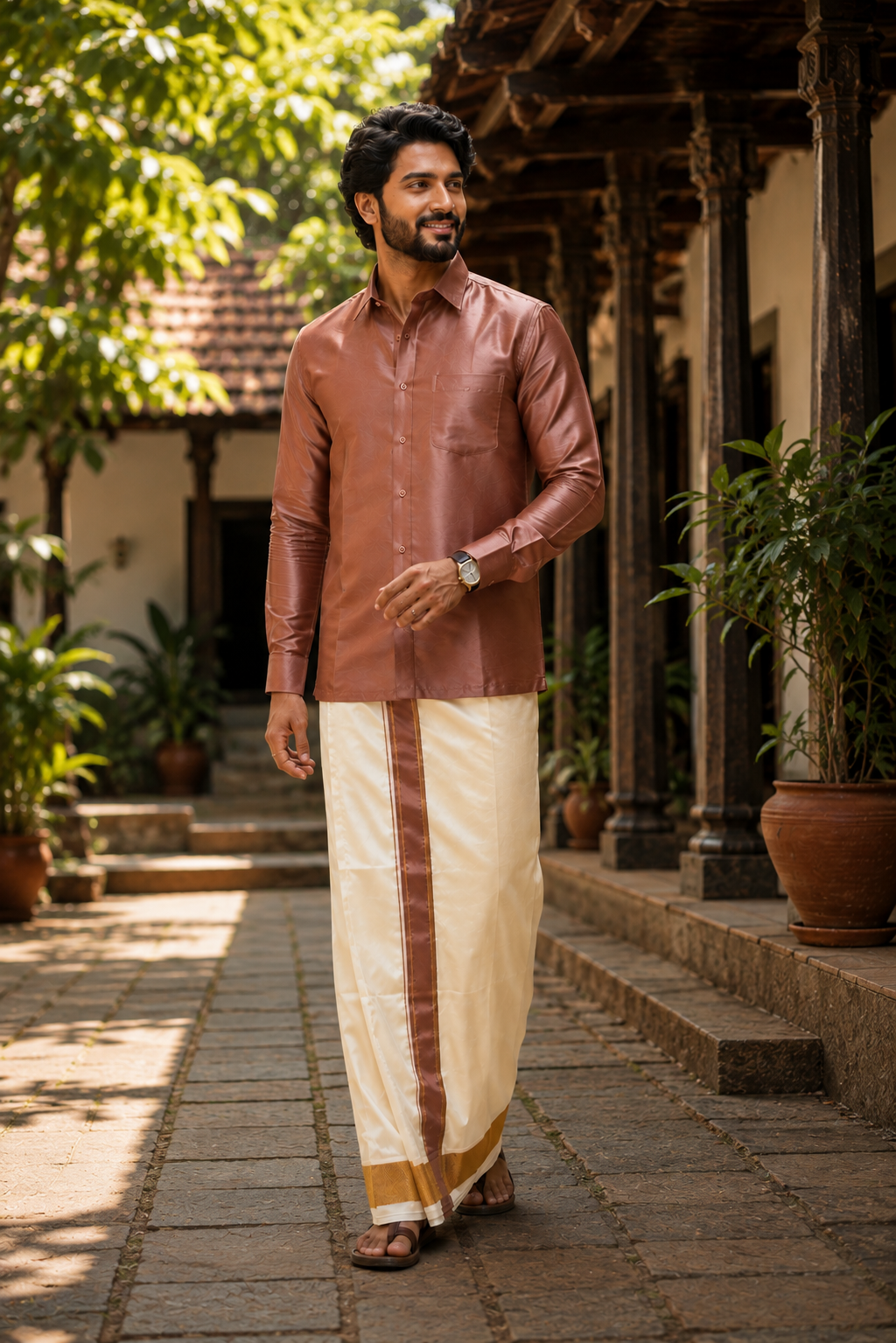 Art Silk Combo - Copper with Gold Zari matching border — Art Silk in Copper tone — view 2