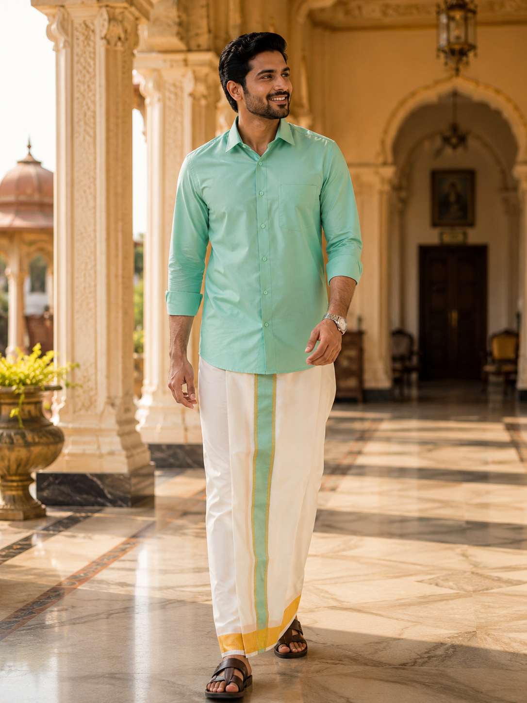 Art Silk Combo - Pista with Gold Zari matching border — Art Silk