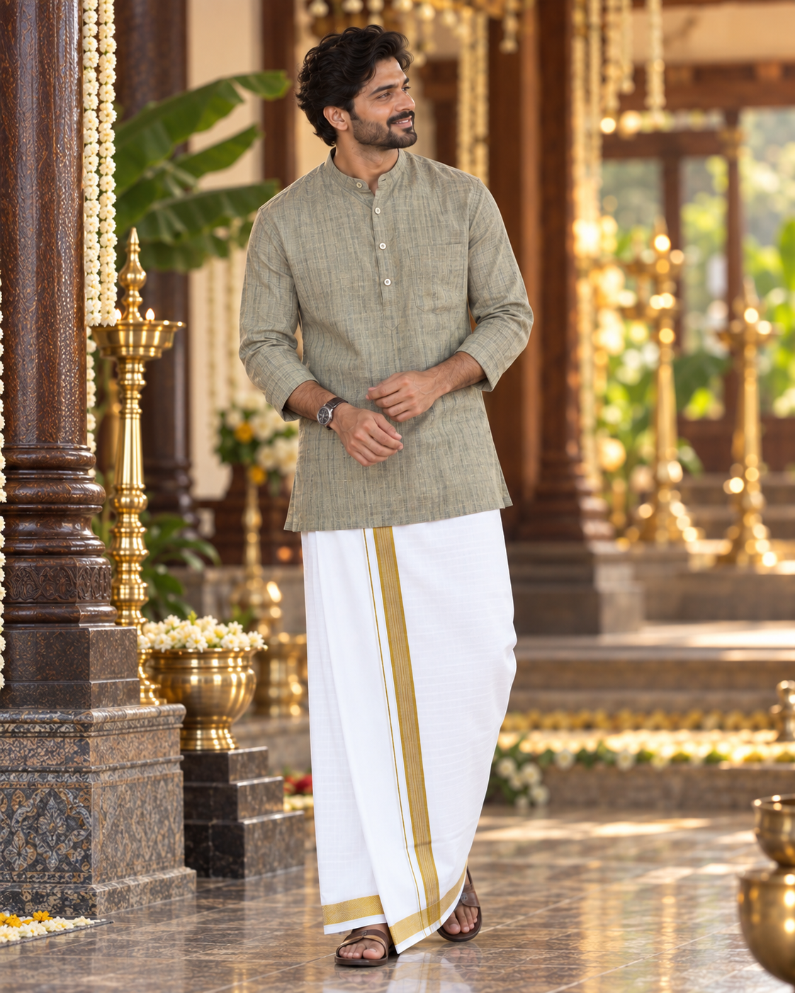 Mellizhai Kurta Combo – 100% Cotton Olive Green with Gold Zari Border — Cotton