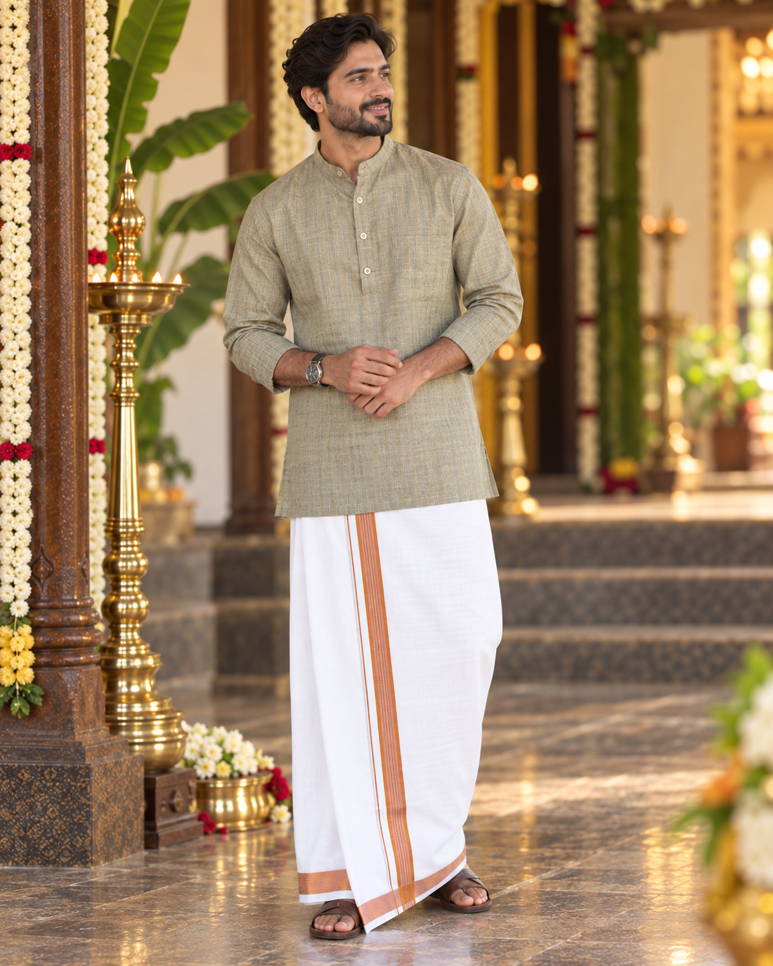 Mellizhai Kurta Combo – 100% Cotton Olive Green with Copper Zari Border — Cotton