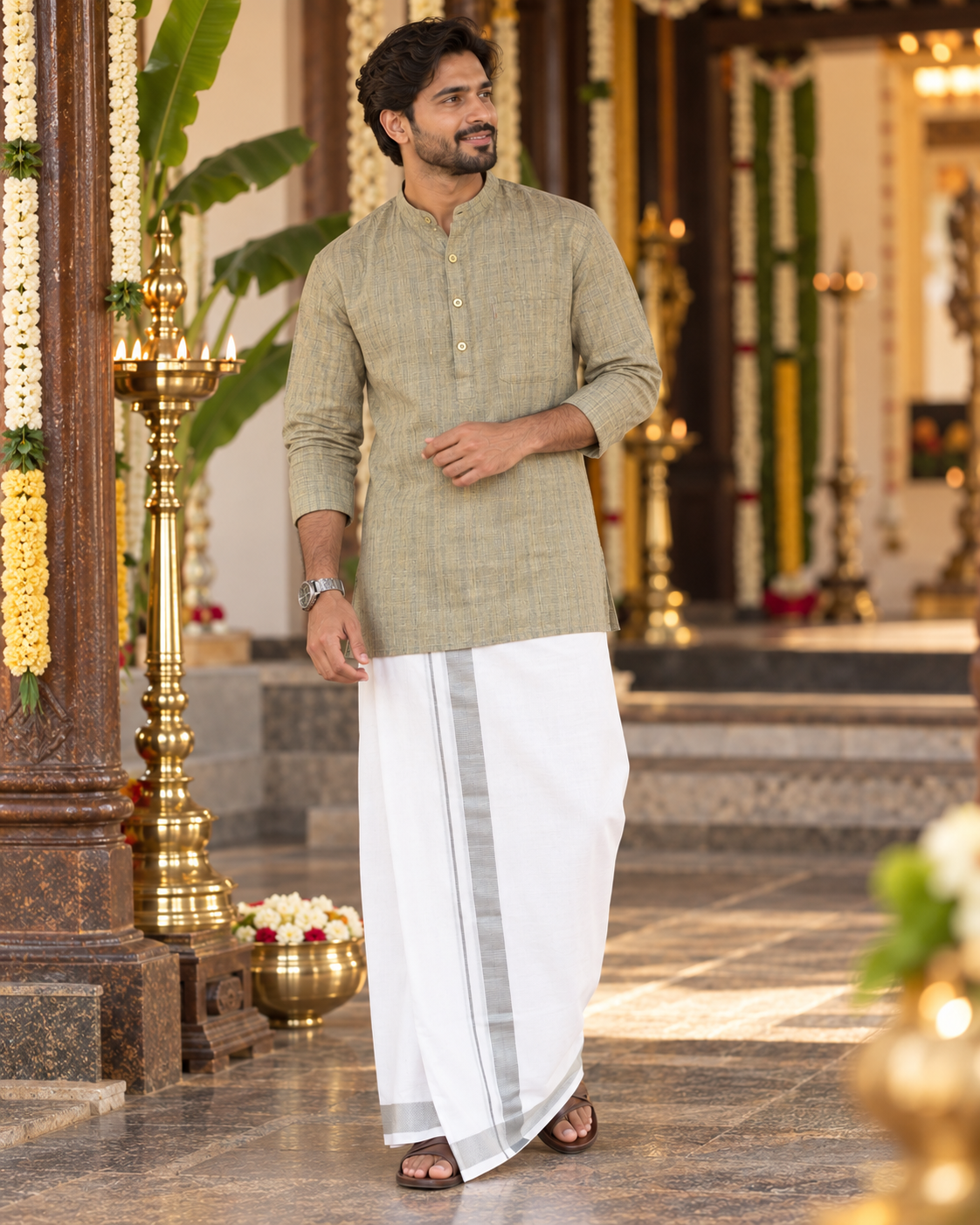 Mellizhai Kurta Combo – 100% Cotton Olive Green with Silver Zari Border — Cotton