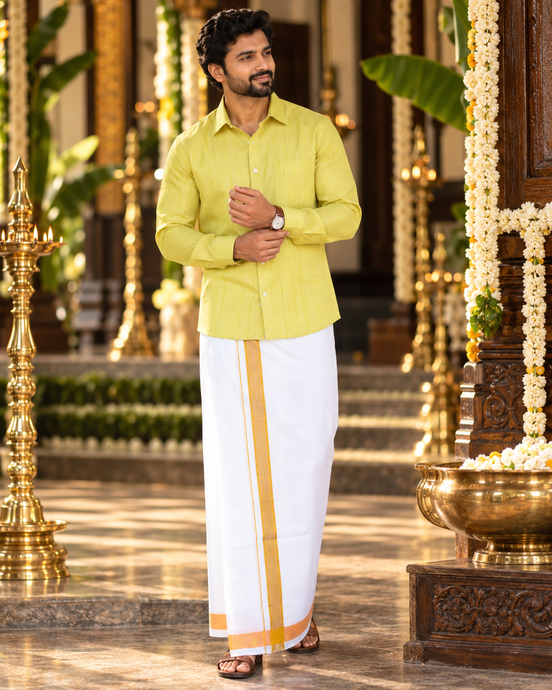 Mellizhai –100% Cotton Lime Gold shirt with Gold Zari Border — Cotton