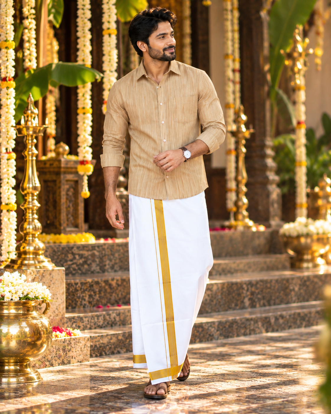 Mellizhai – 100% Cotton Wood Textured Shirt with Gold Zari Border — Cotton
