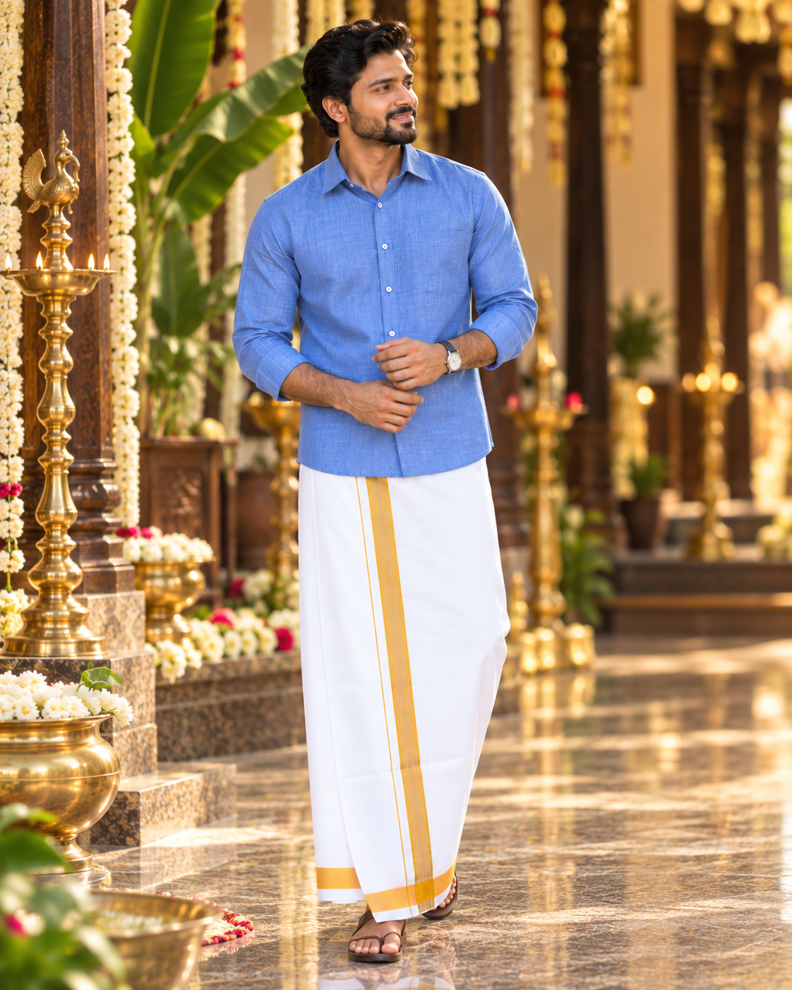 Mellizhai – 100% Cotton Sky Blue Shirt with Gold Zari Border — Cotton