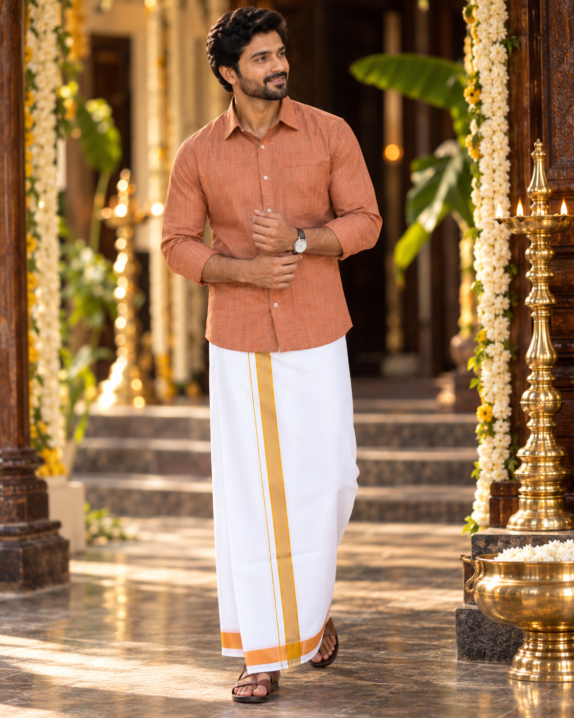 Mellizhai – 100% Cotton Copper Shirt with Gold Zari Border — Cotton