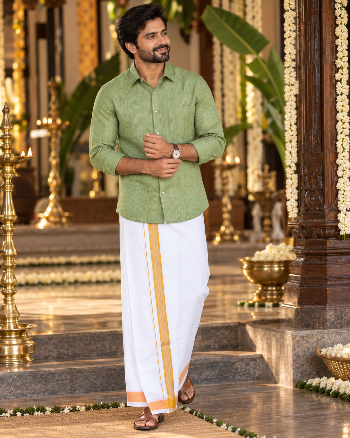 Mellizhai – 100% Cotton Green Shirt with Gold Zari Border — Cotton