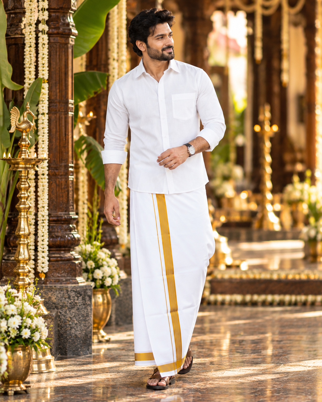 Mellizhai – 100% Cotton White Shirt with Gold Zari Border — Cotton