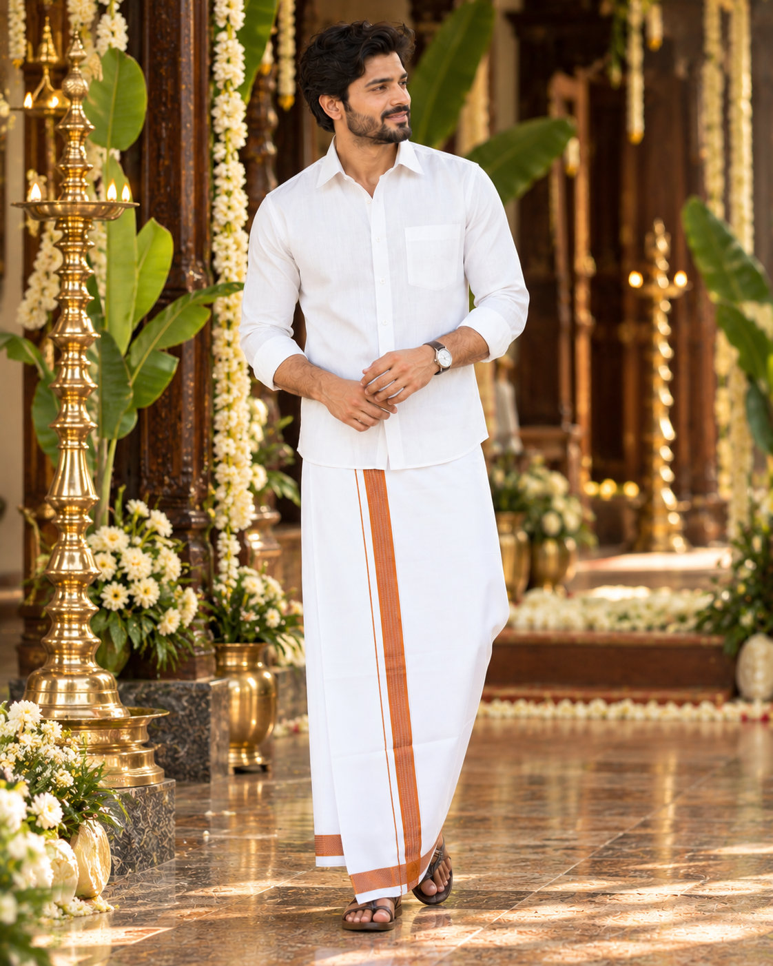 Mellizhai – 100% Cotton White Shirt with Copper Zari Border — Cotton