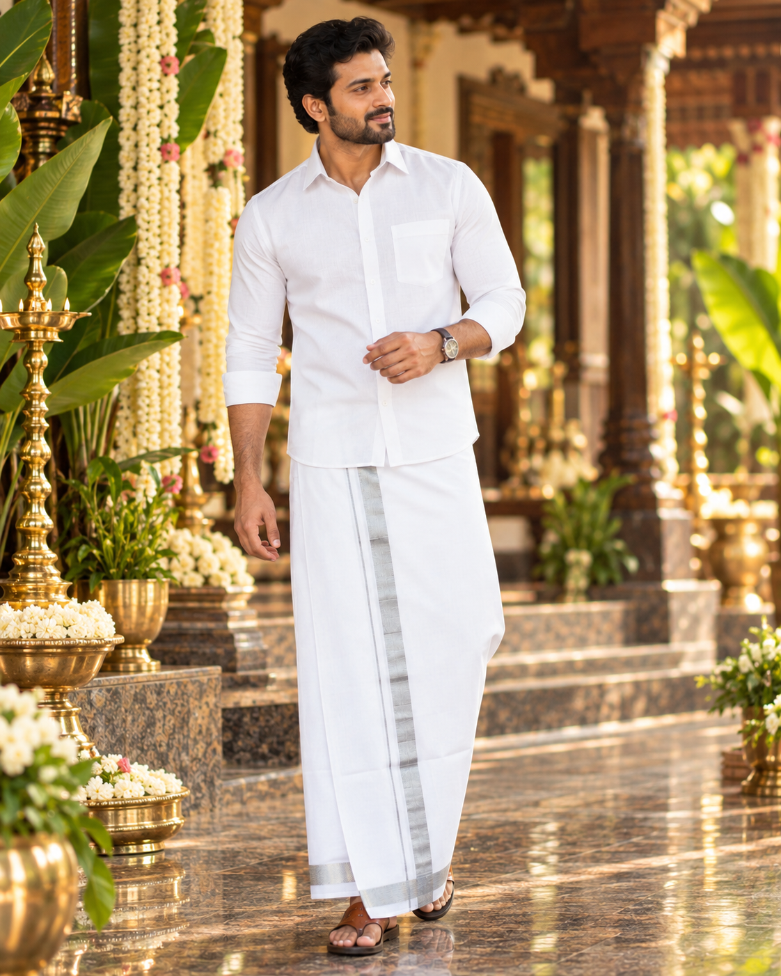 Mellizhai – 100% Cotton White Shirt with Silver Zari Border — Cotton